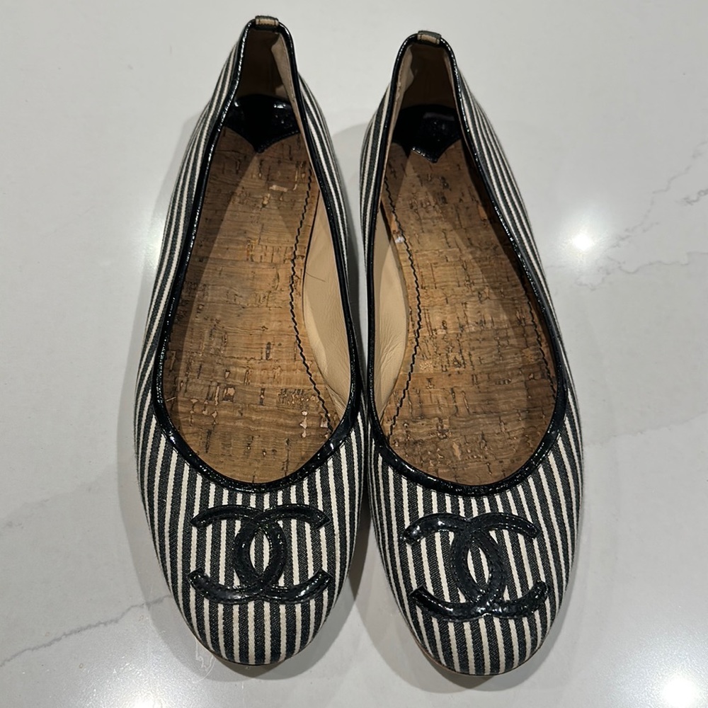 Chanel Black & White Stripe Canvas CC Logo Ballet Flats